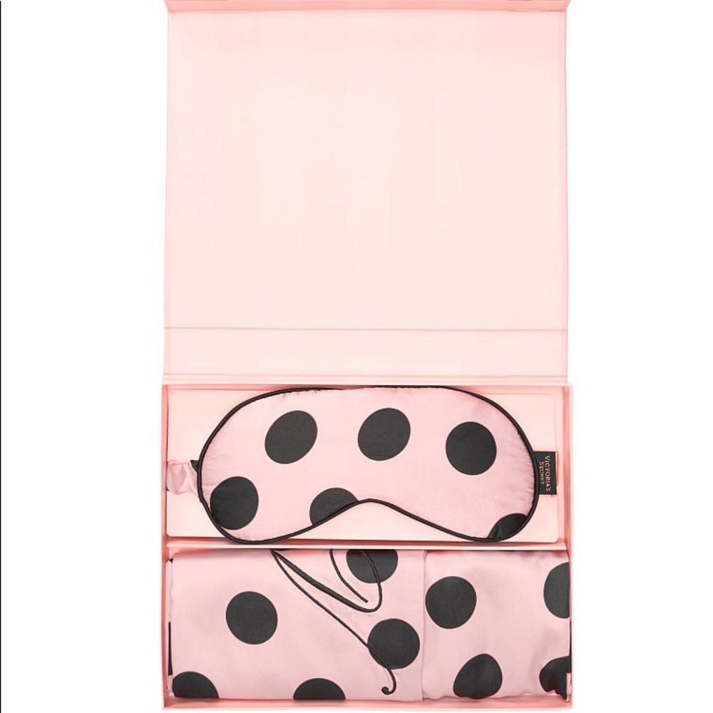 Victoria’s Secret Satin Eyemask & Pillowcase Pink Black Polka Dot NEW
